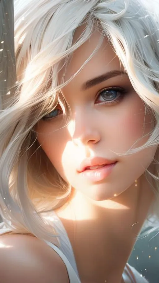 Prompt: Closeup face portrait of a woman, smooth soft skin, big dreamy eyes, beautiful intricate blond hair, symmetrical, , soft lighting, detailed face, by makoto shinkai, stanley artgerm lau, wlop, rossdraws, concept art, digital painting, looking into camera