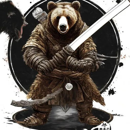 Prompt: a bear wielding a katana made of dragon metal and black hole with an insignia of a black cat head