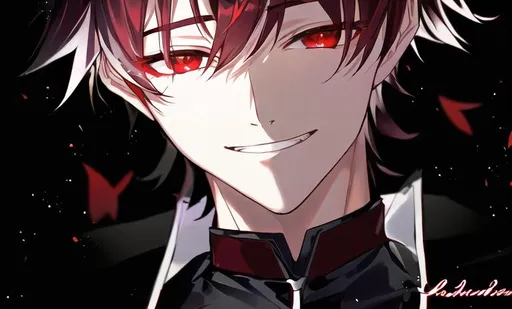 Prompt: Damien (male, short black hair, red eyes) grinning