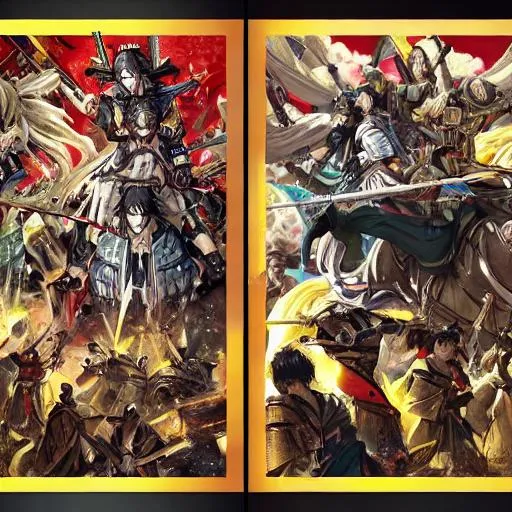 Prompt: (Mega details)(4x anime) AnimeAnime war scene graphic High detail Samurai warrior crusaders with Jesus Christ as depicted in the book of revaltion coming out of heaven one side is the gathering of The chosen to ride victory against the enemy Satan and his fallen cyberpunk ninjas on the opposite side 