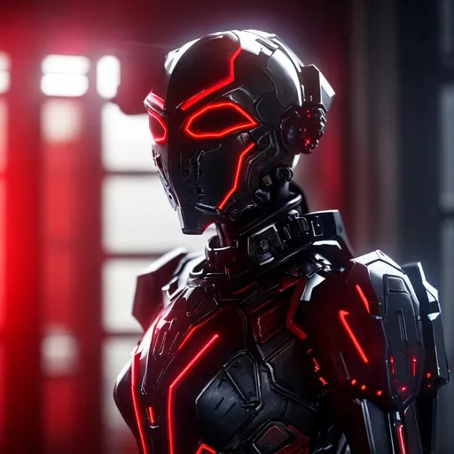 Prompt: A girl in a futuristic black metal suit with a helmet, has futuristic red LED light between his armor plates, 4k quaility