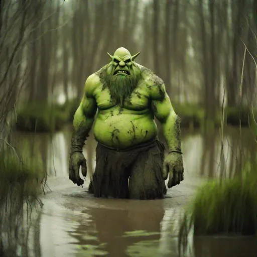 Prompt: Tall green ogre in a swamp filled with mud