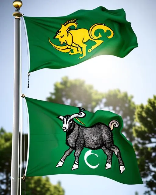 Prompt: The zodiac symbol for Capricorn, the goat, on a waving  flag on a flagpole , ultra detailed, highly detailed scenario, photorealistic, intricate, masterpiece, UHD, HDR, symmetric, coherent, epic detail, stunning, beautiful, ,lumen render ,lumen path tracing ,path tracing light ,path tracing shadow ,path tracing special fx, 