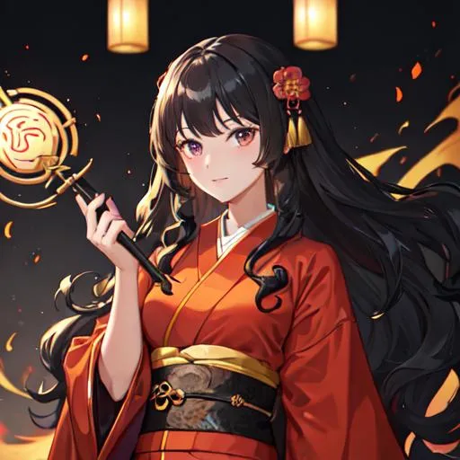 Prompt: young tan woman (black long curly wavy smooth hair) (dark eyes), wearing a yukata monk outfit, holding a monk staff