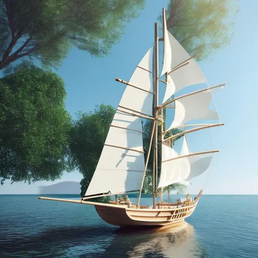 Prompt: A white 15 meters wooden sailing boat inspired on an arrow and a tree house with the hull in the shape of a shark