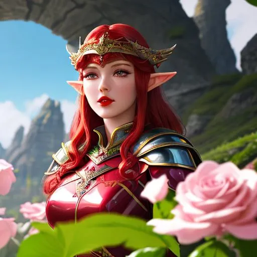 Prompt: A surreal landscape of an elf knight clad fully in soft rose petal armor, with very fair complexion, red gloss lips, rosy cheeks, red lips, voluminous auburn hair, stylized CGI, fantasy genre.