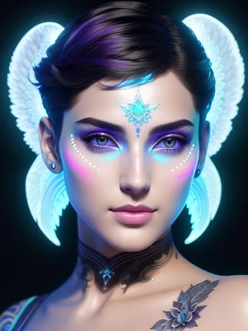 Prompt: handsome and gorgeous angel with short hair, intense and beautiful eyes and beautiful nose, thin fractals neon-piezoluminescent face tattoo, by greg rutkowski and artgerm and emile vernon, etheral, bioluminescence, muted colors, pastels, expressive, high detail, five fingers, symmetrical eyes, hyperrealistic, intricate artwork, symmetrical, digital painting, dynamic lighting, artstation, digital painting, artstation, cinematic lighting, intricate artwork, dreamlike, symmetrical, emitting diodes, smoke, artillery, sparks, racks, system unit, motherboard, sharp focus, emitting diodes, smoke, artillery, sparks, racks, system unit, motherboard, by pascal blanche rutkowski repin artstation hyperrealism painting concept art of detailed character design matte painting, 8k resolution blade runner