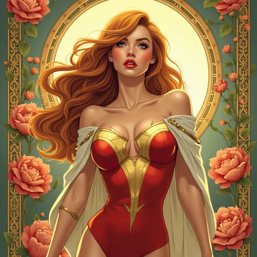 Prompt: (High-quality image), Kat Dennings as Power Girl, inspired by (Alphonse Mucha’s art style), vibrant color palette, elegant and flowing lines, detailed floral elements in background, art nouveau influence, soft and warm lighting, charming pose, ethereal atmosphere, intricate costume design, powerful expression, ultra-detailed illustration, perfect blend of modern heroism and classic artistry.