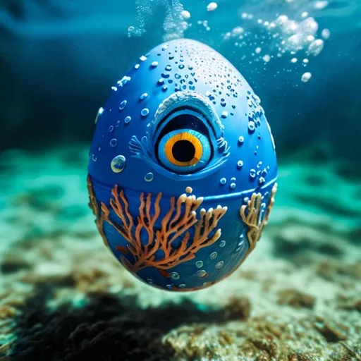 Prompt: An blue egg with an blue eye underwater