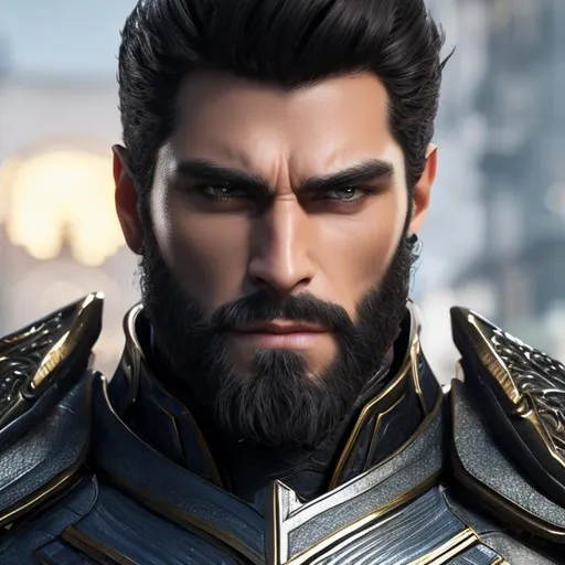 Prompt: Portrait of a very attractive and handsome man with black hair, In detailed full body armor, 8k detailed eyes, in a fighting pose, 8k, HD, 64k HD quality, (((64k))) Hypperealism, detailed face and eyes, long scruffy beard, lighting hair, crystal clear blue eyes, large musculature, a fantasy style portrait painting of a men paladin, blond hair, little smile field oil painting unreal 5 daz. rpg portrait, extremely detailed artgerm greg rutkowski greg hildebrandt tim hildebrandt, masterpiece, cinematic lighting, 8k, complementary colors, golden ratio, octane render, volumetric lighting, unreal 5, artwork, concept art, an adult male white hair barbarian with a bear hood, digital art, character art portrait, matte fantasy painting, deviantart artstation, by jason felix by steve argyle by tyler jacobson by peter mohrbacher, cinematic lighting, smooth, sharp focus, hd wallpaper, cinematic, 