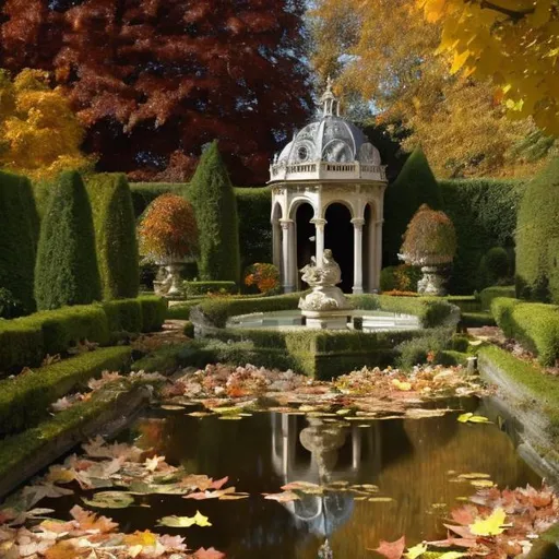 Prompt: Autumn court versailles likes ethereal Mystic and Majestic in ghotic Victorian architecture with warm colours likes autumn fallimng leafs  and beautifull paths and ponds in a well kept but still messy garden