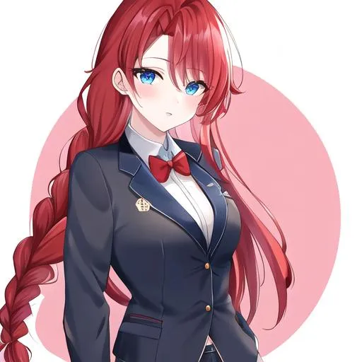 Prompt: Haley 1female (braided red hair pulled back, lively blue eyes. Wearing a tuxedo. UHD,