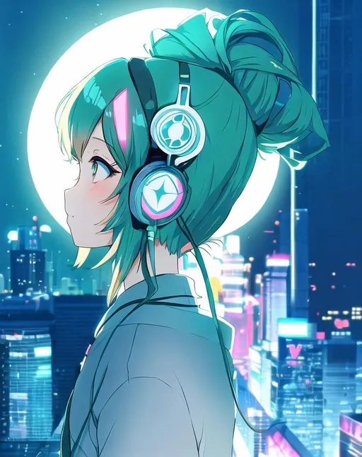 Prompt: girl wearing headphones, city background, very anime!!! anime!! intricate details, aesthetically pleasing pastel colors, poster background, art by conrad roset and ilya kuvshinov, pop art