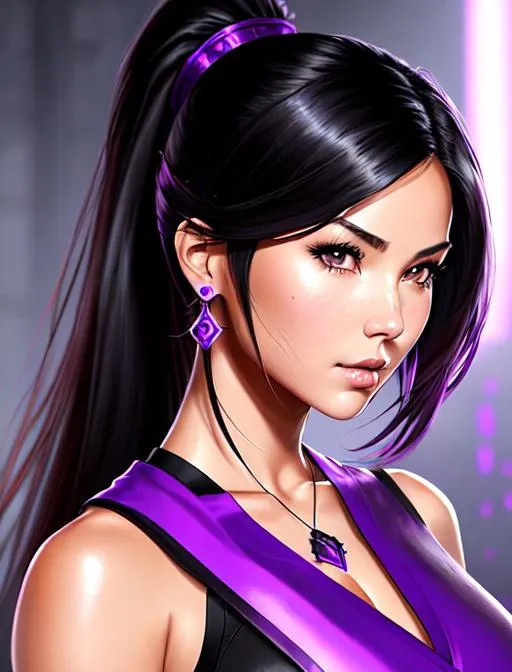 Prompt: Olivia Munn, 16 years old, ponytail, sleeveless, black hair, brown eyes, battlefield, ethereal, purple ninja Artifact gear from FFXIV suit, jewelry set, stunning, royal vibe, highly detailed, digital painting, Trending on artstation , HD quality, tan skin,artgerm,  by Ilya Kuvshinov 