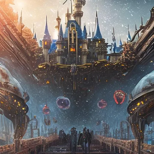 Prompt: highest quality photography, alien ufo flying over disney world castle, highly-detailed symmetric face, cinematic dark cold color palette, spotlight,perfect composition, hyperrealistic, super detailed, 8k, high quality, sharp focus,intricate details, highly detailed, dynamic lighting, detailed and intricate environment, anime artstyle by Yusuke Kozaki