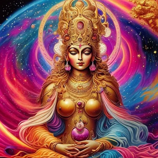 Prompt: (Master piece) a breath taking view of beautiful and gorgeous cosmic goddess surrounded by gold,pink and cosmic space dust beautiful multi colourful vibrant colours breath taking view (master piece)