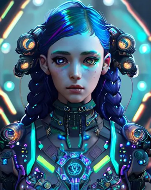 Prompt: Cyberpunk girl, fantasy art, iridescent, bioluminescence, detailed painting, intricately detailed, Unreal Engine detailed human  face, braided hair