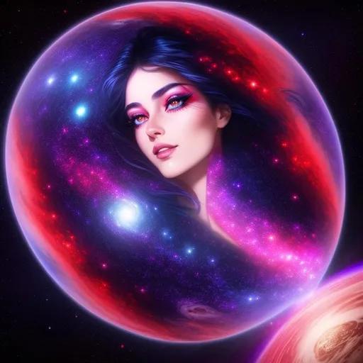 Prompt: A fractal galaxy with red and blue tones with a small planet earth in the foreground, ethereal (luminous woman), full body, perfect eyelashes, stunning eyes, extraordinary lips, phenomenal nose, marvelous smile, incredible eyebrows, cleavage, highly detailed face, hyper-realistic facial features, cinematic 3d volumetric, fantasy, intricate, highly-detailed, elegant, dramatic lighting, gorgeous face, lifelike, photorealistic face, curl multicolored beaming voronoi clusters fractal long hair, long luxurious lace gown, digital painting, artstation, illustration, concept art, smooth, sharp focus, art by Jude Palencar, Luis Royo, John Collier and Albert Aublet and Krenz Cushart and Artem Demura and Alphonse Mucha, highly detailed painting, looking at viewer, portrait, photography, detailed skin, realistic, photo-realistic, 8k, highly detailed, full length frame, High detail