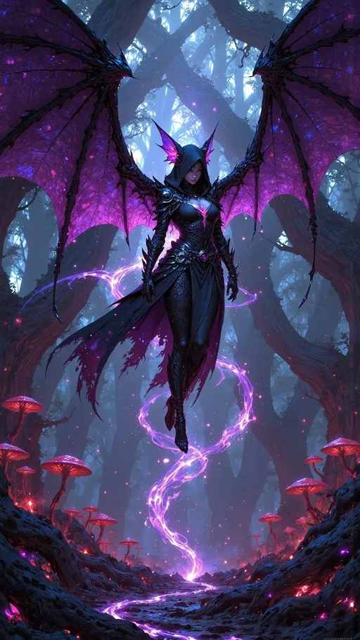 Prompt: purple glowing poison ((magical bat creature)). toxic spores and mushrooms, lots of fang and teeth and big wings, magic aura and particles
 
dim lit cave light, ((wide length camera)), long distance , long shot, left side angle, wide depth of field. film grain, film textures. 