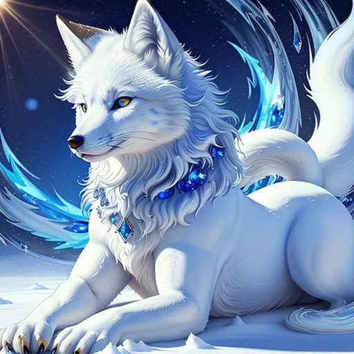 Prompt: (masterpiece, highly detailed oil painting, best quality, 3D, UHD), a white fox-wolf hybrid with bashful hypnotic sapphire-blue eyes, 8k eyes, lying in the snow, deep blue fur, thick lavish blue mane, digital rendering, by Lorraine Fox, kitsune, emanating with blue aura, fluffy fox ears, white sparkles sunlight beams, header text, photo render, yee chong silverfox, beaming sunlight, very extremely beautiful, (plump:2), uv, professional, symmetric, golden ratio, unreal engine, depth, volumetric lighting, rich oil medium, (brilliant auroras), (ice storm), full body focus, beautifully detailed background, cinematic, 64K, UHD, Yuino Chiri, intricate detail, high quality, high detail, masterpiece, intricate facial detail, high quality, detailed face, intricate quality, intricate eye detail, highly detailed, high resolution scan, intricate detailed, highly detailed face, very detailed, high resolution, perfect composition, epic composition