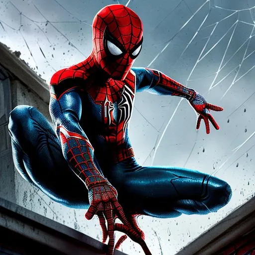 Prompt: spider-man is sitting. looks down. rain. thunderstorm. high. roof.