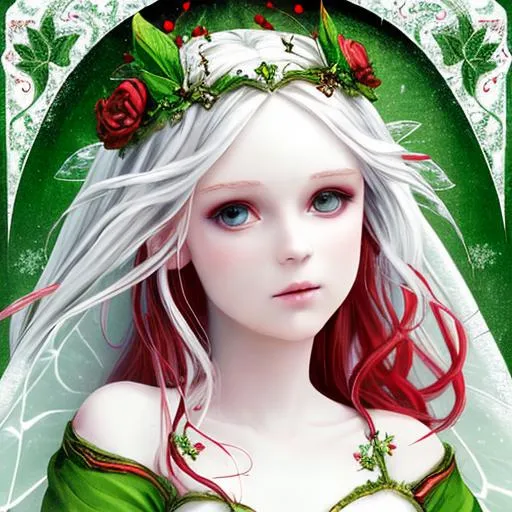 Prompt: pretty, white fairy goddess withred and green background 
realistic, closeup