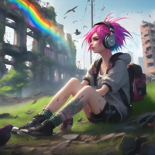 Prompt: Masterpiece, 4k, Punk Girl with Rainbow Hair, Headphones, Anime, Dystopia, Cityscape, Ruins, Post-Apocalyptic, Forest, Grass, Birds