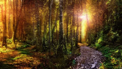 Prompt: a narrow path in a mountain forest at sunrise, highly detailed, soft pastel colors, photorealistic, high definition, hard, trending on Art Station