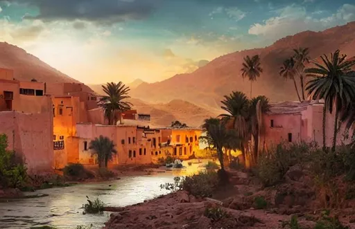 Prompt: realistic river, moroccan village, dense palm trees, far view