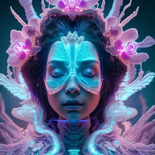 Prompt: goddess portrait, x-ray, phoenix head, orchid, bioluminiscent creatures, intricate artwork by Tooth Wu and wlop and beeple. octane render, trending on artstation, greg rutkowski very coherent symmetrical artwork. cinematic, hyper realism, high detail, octane render, 8k Just Me 