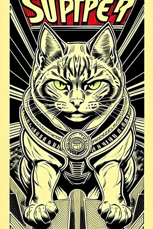 Prompt: Retro comic style artwork, highly detailed super cat, comic book cover, symmetrical, vibrant