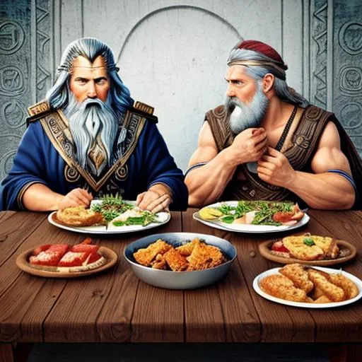 Prompt: God Odin and God Zeus eating lunch together. Realistic 
