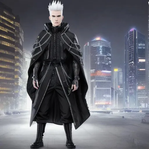 Prompt: JAXER KAZE : Hyper Detailed,  ultra realistic, white hair mohawk male in black tactical tech uniform poncho coat,  IN UNDERGROUND DAZZLING CRYSTAL CITY , 