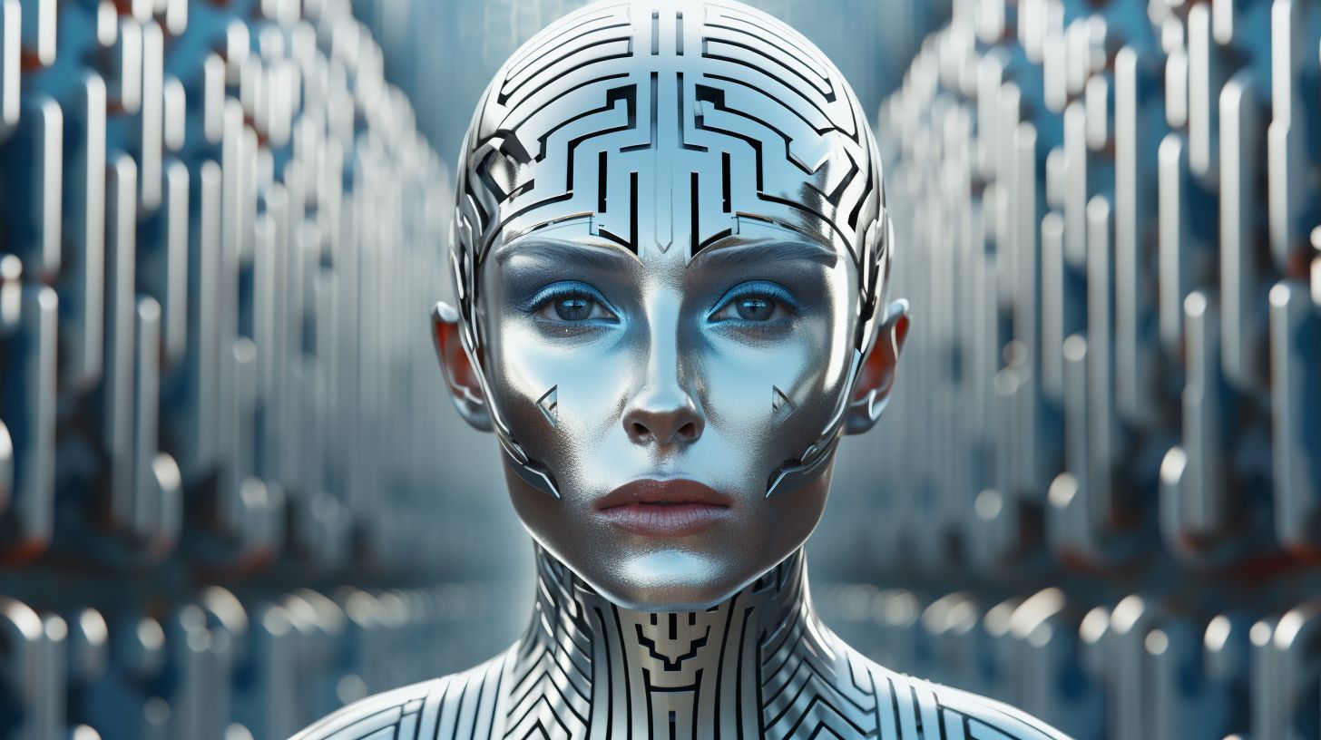 Prompt: the head and shoulders of a metallic man, in the style of futurism influence, 8k 3d, stripes and shapes, machine aesthetics, exaggerated facial features, captivating gaze, idealized beauty in wide ratio
