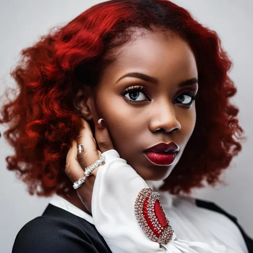 Prompt: Black sophisticated woman in white blouse with red  hair up wearing diamonds jewelry 