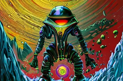 Prompt:  DMT CREATS A DREAM OF ALIENS,ET, INTERSTELLER  SPACE TRAVEL, UFO, MEET YOUR PLANETARY GUID,TRAVELING THROUGH THE  UNIVERSE,CREATURES FROM OTHER PLANETS,OCEANS MADE OF MURCURY,FINDING AGOTS ALL OVER, SNOWBOARDING MOUNTAIN PEAKS ON THR MOONS OF SATURN