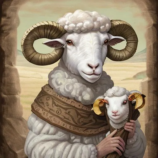 Prompt: A portait of a sheep in the style of D&D art, Sheep holdling a scroll in its mouth, white sheep, portait, talking sheep, scroll in its mouth
