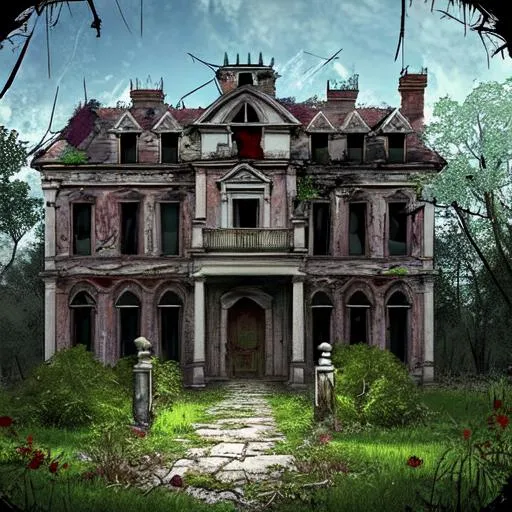 Prompt: Abandoned mansion, exterior, ruined gates, broken windows, three floor, attic, sloop roof, slim towers, trees, bushes, weeds