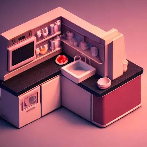 Prompt: Tiny cute isometric kitchen in a cutaway box, cyberpunk, soft smooth lighting, soft colors, 100mm lens, 3d blender render