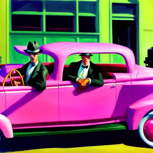 Prompt: digital painting, gangster in pink zuit suit leaning against a green antique car, wide lens, Edward Hopper