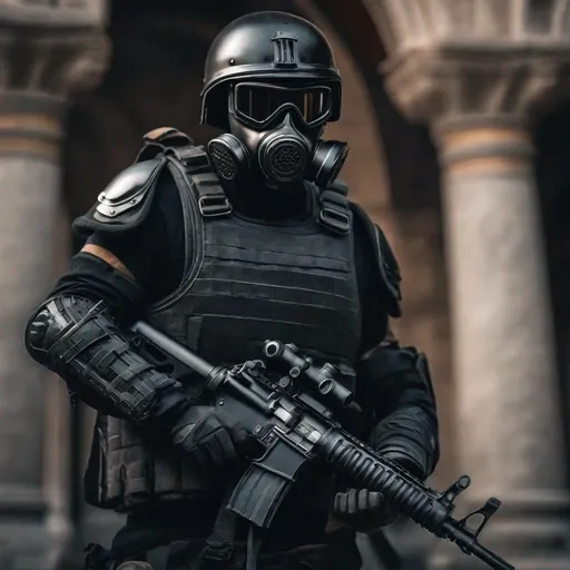Prompt:  A modern roman military male in black military roman armor, and gas mask, violent, shooting guns, sharp focus, Professional, UHD, HDR, 8K,  Render, electronic, nervous vibe, loud, tension, dark, Epic