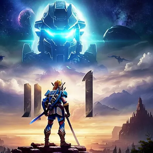 Prompt: link from ledgend of zelda tears of kingdom in halo infinite spartan armor standing on a cliff over a deserted city