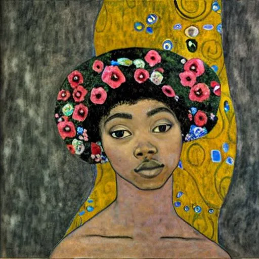 Prompt: gustav klimt inspired black girl with flowers in her hair in space