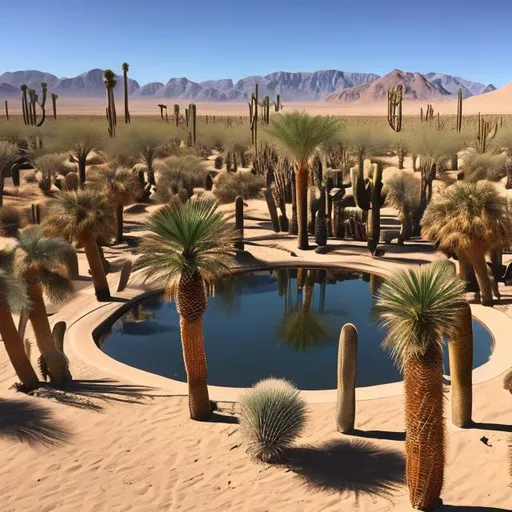 Prompt: desert oasis circular water palm trees sand camels