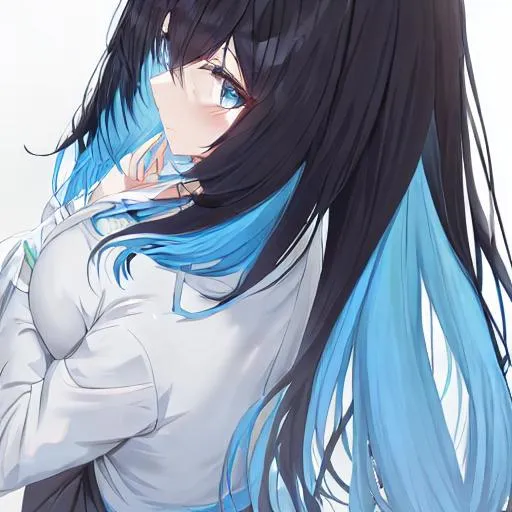 Prompt: Anime girl hair that is black then fade into light blue 