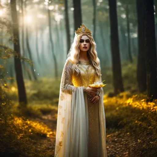 Prompt: Cinematic image, white crumbs, yellow hair, crown, golden clothes, blond, (looking in front of the camera), forest,