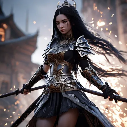 Prompt: Hghly detailed european goddes with longest Black hair unreal engine 5 Wearing a dark armor and carrying an doomed samurai sword and fighting a war