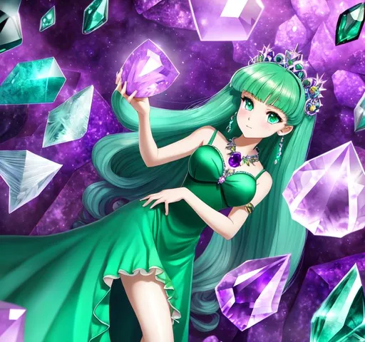 Prompt: masterpiece, illustration, best quality:1.2), Anime, girl, room full of purple quartz and other varieties of quartz and gems eyes emerald green amethyst hair beautiful, amazing outfit always different better dress, blue dress, amethyst purple hair, gem cave, emerald eyes, turquoise dress, differ background, green dress, vivid