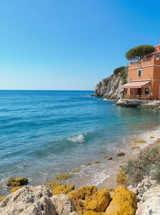 Prompt: A coastal scene in Italy where a small restaurant, identifed as a restarant with an outdoor seatring area sits in the top right hand part.
The sea is smooth and clear with very small wave breaking on the shore.
