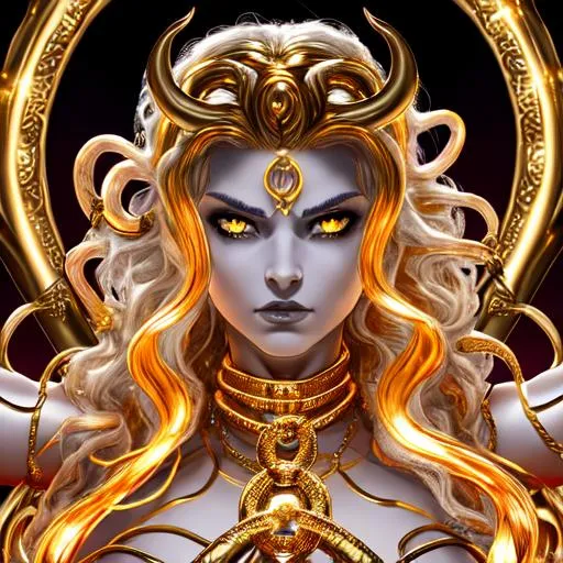 Prompt: Medusa, Gold, Halfgod, Demigod, stars, Heaven, female, curly, fade, buffed, Lifegiver, beautiful, white, hyper realistic, bright, gold, god-like figure, royal, Chained, Unchained, Glowing eyes, Lucifer, Super detailed, Blood red sky, Devilish figure, dark, evil, gray, bloody, blood rain,